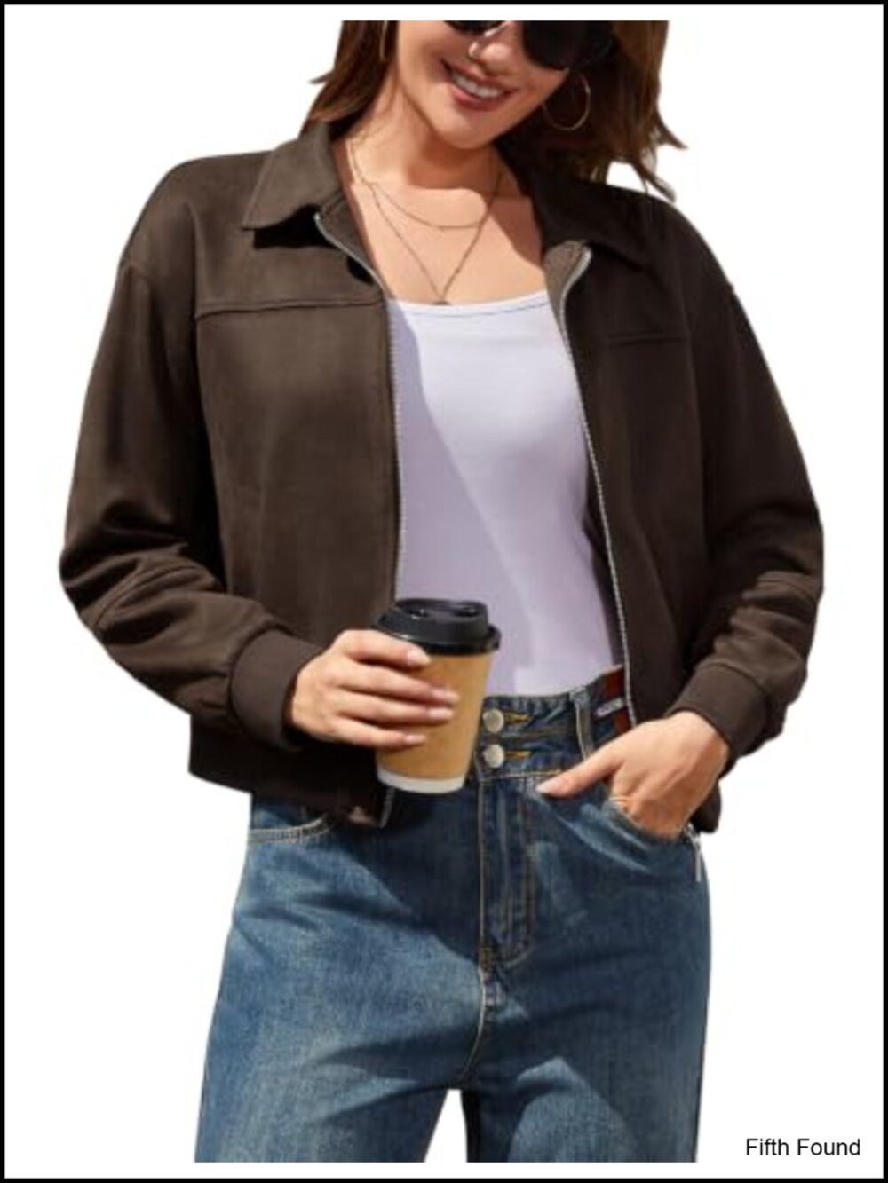Faux Suede Bomber Jacket Zip Up Cropped Coat with Pockets